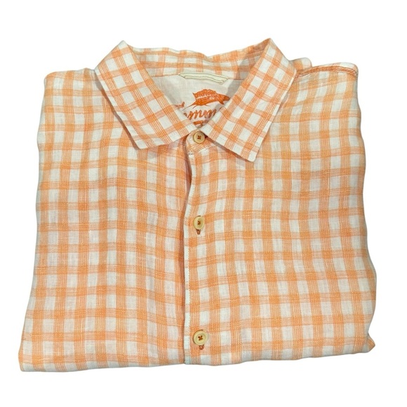 Tommy Bahama Orange Casual Button Down Shirt with Gingham Pattern 100% Linen. - Picture 1 of 6